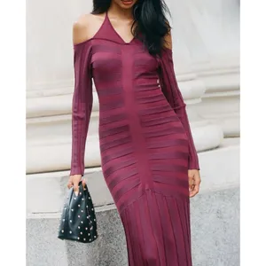 Anthropologie Cold-Shoulder Knit Maxi Dress Size M In Wine thumbnail 4