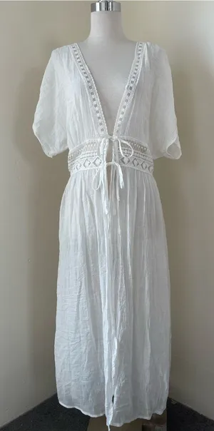 Rebellion White Lace-Trim Cotton Maxi beach Cover-Up thumbnail 1