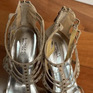 Badgley Mischka Wedge Sandals Womens Tan‎ Suede Rhinestone Strappy Cage 5M thumbnail 8