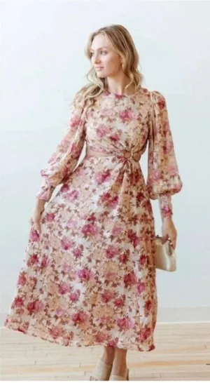 En Saison Lissandra Midi Dress Pink Floral Size Small NWT Long Sleeve Cut Out thumbnail 1