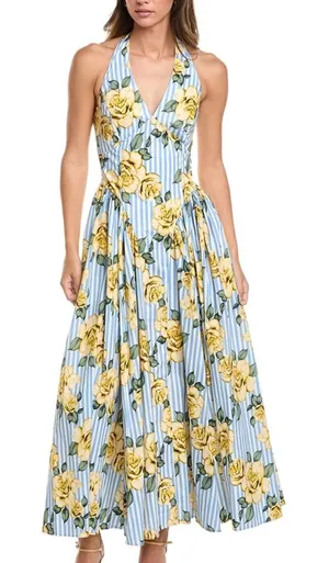 Hutch Alara Floral Stripe Halter Midi Dress Blue Yellow Size 14 thumbnail 1