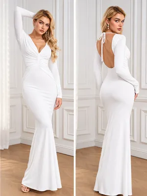 Colysmo Long Sleeve V Neck Long Dress Bodycon Maxi Ruched White. Size S thumbnail 2