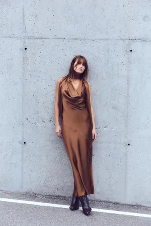 Zara dress gown maxi halter scarf satin plunge neck Brown Evening Wedding thumbnail 12
