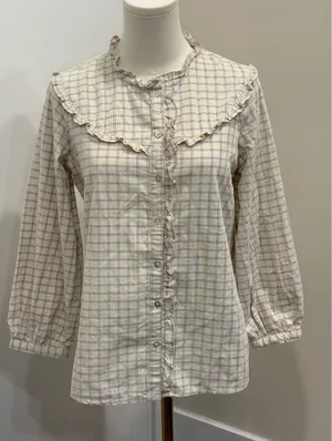Fat Face Corduroy Ruffle Bib‎ Blouse Cream Blue Windowpane Plaid Size 4 Cottage thumbnail 1