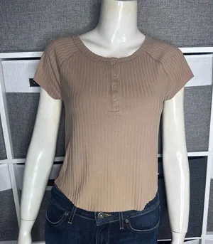 American Eagle Outfitters Ribbed Henley Top Tan Size Medium thumbnail 1