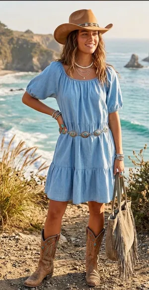 BeachLunchLounge Amie Convertible Neck Costal Cowgirl Chambray Denim Dress Large. thumbnail 1