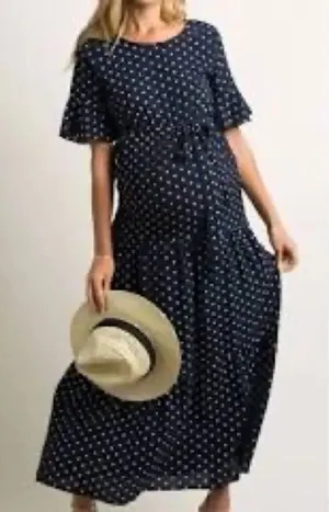 Orange Creek L modest navy polka dot ruffle hem maxi dress thumbnail 1