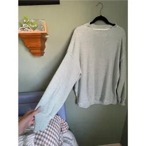 Aerie Waffle Soft Oversized Pullover Sweater Size Small Green White Thermal thumbnail 10