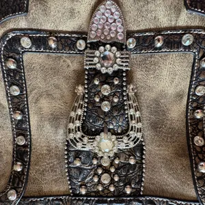 Western Rhinestone Buckle Crossbody Bag Studded Faux Croc Distressed Brown Bling thumbnail 2