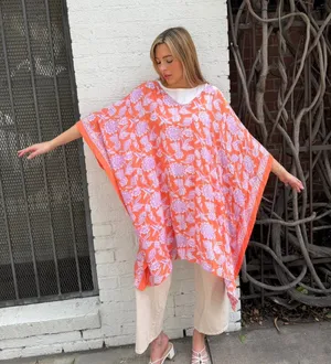 Free People World Market orange + pink boho floral poncho tunic kimono one size #fairy #beach #hippie thumbnail 1