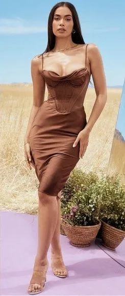 House of CB • Myrna Chocolate Satin Corset Slip Dress brown bustier boned bodice thumbnail 1