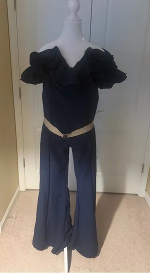 Loragal off-Shoulder Navy Ruffle Wide-Leg Jumpsuit with gold Belt side zip NWT thumbnail 1