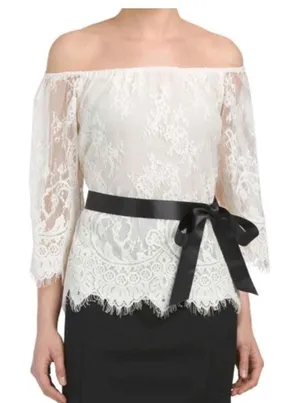 NWT Teri Jon Ivory‎ Lace Off Shoulder Blouse Black Satin Belt Size 4 thumbnail 1