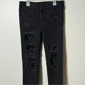 American Eagle Women Black Distressed Level Stretch Denim Jegging‎ Jean 4XShort thumbnail 2