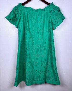a.n.a Eyelet Dress Womens‎ XS Green Off The Shoulder Shift Ruffle Short Sleeve thumbnail 1