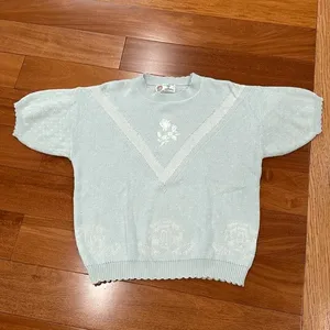 Isle of Cotton Knit Sweater Womens XL Mint Green Floral Embroidered Short Sleeve thumbnail 10