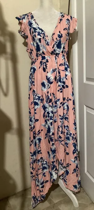 Splendid Floral Maxi Dress Peach Blue V-Neck Smocked Waist RD0190P Medium thumbnail 1