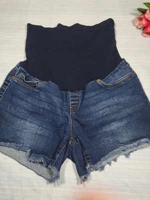 Haute Mama Maternity Full Pane Denim Shorts - Distressed. Dark Wash - Size M thumbnail 1