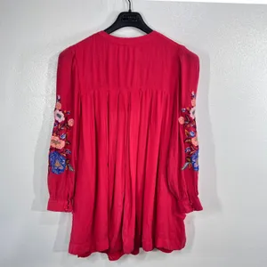 Free People‎ Mia Embroidered Mini Dress Large Red Floral Boho Gauzy Flawy thumbnail 4
