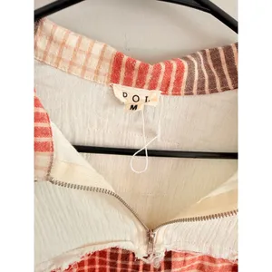 POL Plaid Patchwork Top Women Medium Orange Raw Hem Crochet Quarter Zip thumbnail 4