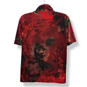 Vintage Floral Top Velvety Ribbed Short Sleeves Deep Red Mock Neck‎ Women Medium thumbnail 2