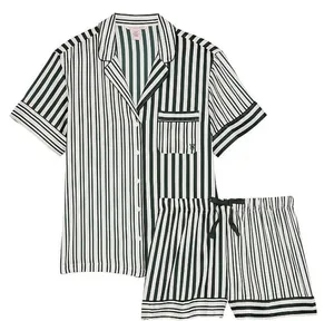 Victoria’s Secret Satin Pajama Set, Short Sleeve Green Stripe thumbnail 1