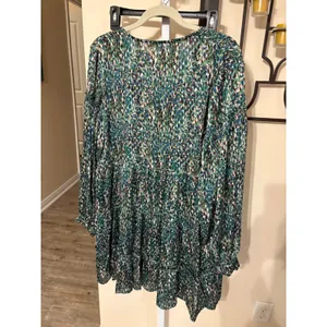 Easel Los Angeles Green Blue Abstract Print Tiered Babydoll Mini Dress Large thumbnail 6