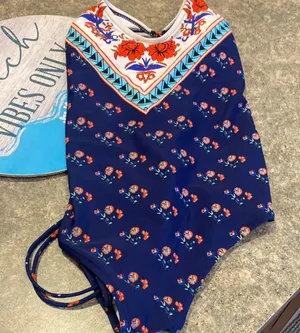 Cupshe Blue and Red Floral One Piece Swimsuit with Corset lacing in back thumbnail 1