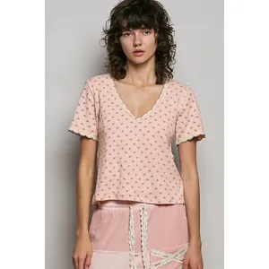 POL Floral V-Neck Short Sleeve Rib T-Shirt - Soft Pink - Medium thumbnail 2