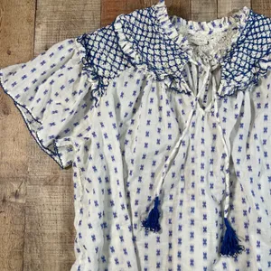 Pilcro Anthropologie Large Blue White Smocked Yoke Tassel Cotton Peasant Blouse thumbnail 2