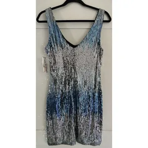 As You Wish Mini Bodycon Blue Silver Hombre Sequin Sexy Cocktail Club Dress Sz L thumbnail 4