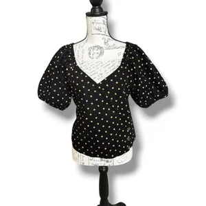 Madewell Corduroy Puff Sleeve Black Brown Polka Dot Faux Wrap V-Neck Top Medium thumbnail 2