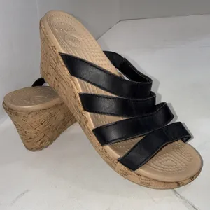 Crocs A-Leigh Cork Wedge Black Sandals Strappy Leather Classic Women's Size 7 thumbnail 13