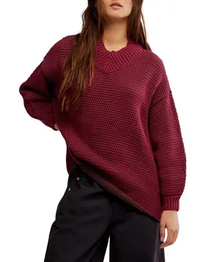 Free People Maisie Oversized Sweatshirt Cranberry Fudge in Medium thumbnail 1