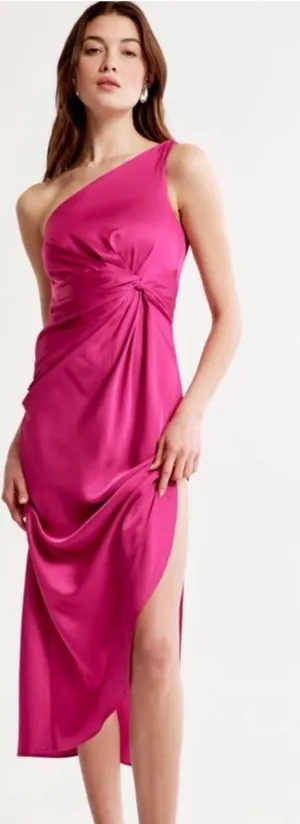 Abercrombie & Fitch Fuchsia Satin One Shoulder Ruched Midi Dress XL Wedding thumbnail 1