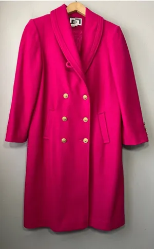 Vintage Fuchsia Pink Trench Coat Womens Size 14 Wool Double Breasted Glam 80s thumbnail 1