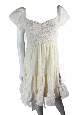 Cream Smocked Puff Sleeve Mini Dress Size S thumbnail 1