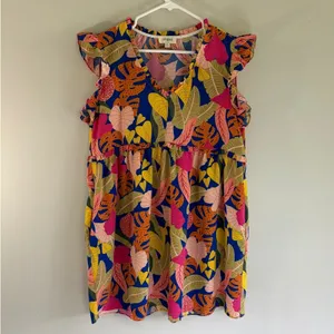 Umgee Tropical Leaf Flutter Sleeve Babydoll Mini Dress C3776 Blue‎ Pink Mens M thumbnail 2