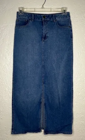 Rachel Zoe Womens Denim Midi Denim Skirt Medium Wash Front Slit Size 6 Blue Jean thumbnail 1