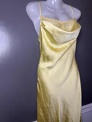 Cider Dress Womens Medium Yellow Satin Lace Cowl Neck Backless Slip Maxi thumbnail 6