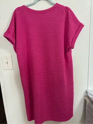 Women's Fuchsia Shift Dress - Casual Short Sleeve textured fabric and pockets XL thumbnail 2