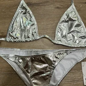 Silver Bikini Set - sexy Brazilian medium shiny bikini triangle thumbnail 2