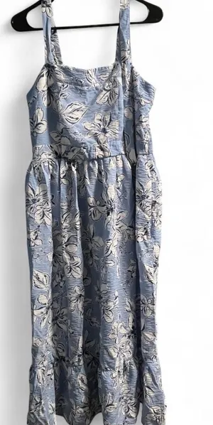 Blue Floral Midi Dress with Ivory Print thumbnail 1