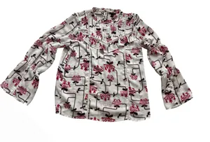 Ann Taylor Pink Floral Ruffle-Trim Long Sleeve Blouse thumbnail 1
