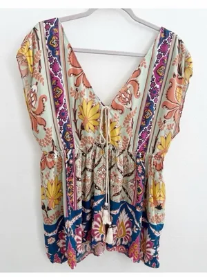 NEW ZARA floral blouse top Boho Tassel Moroccan Bohemian Large L⁠ thumbnail 2
