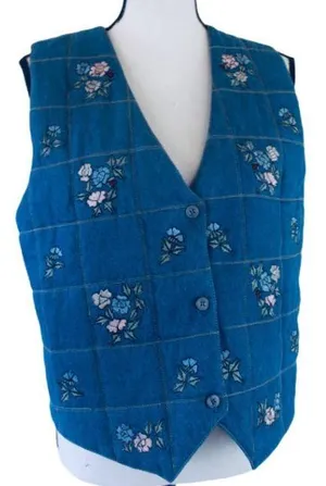 Vintage 90s Agapo Petite Denim Quilted Embroidered Floral Vest thumbnail 3