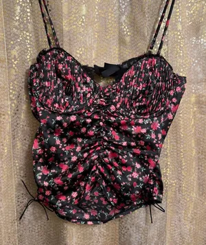 For Love & Lemons Black Melrose Romantic Bustier Pink Floral Bra Top Large thumbnail 1