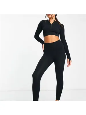 HIIT By Asos seamless rib 1/4 zip Crop top in black Size Large thumbnail 6