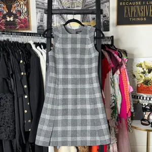 Theory Gray Plaid Wool-Blend Cashmere Sleeveless Shift Mini Dress 00 Preppy thumbnail 2