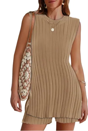 NEW 2 Piece Outfit Knit Sweater Sets Sleeveless Ribbed Tunic & Shorts M thumbnail 1